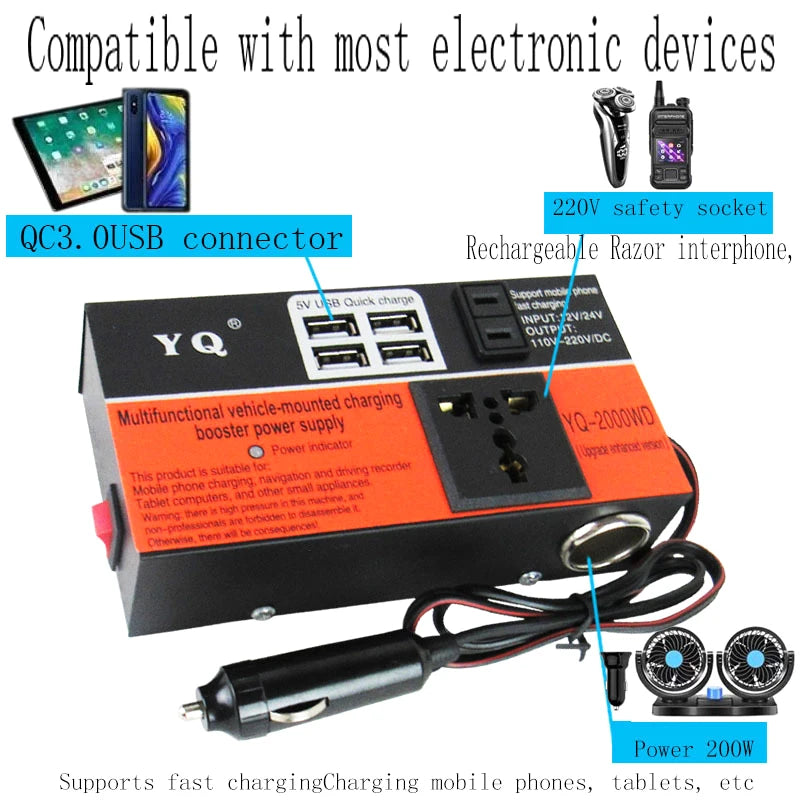 New Car Inverter Car Power Inverter 2000W DC 12V/24V To DC 110V/220V Converter Trip 4 USB Overload Protection Peaceful Pleasures Health and Wellness