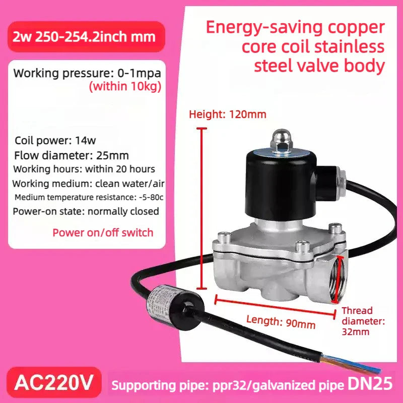 Electric Solenoid Valve DN15/20/25 – 304 SS, NC, AC220V/DC24V