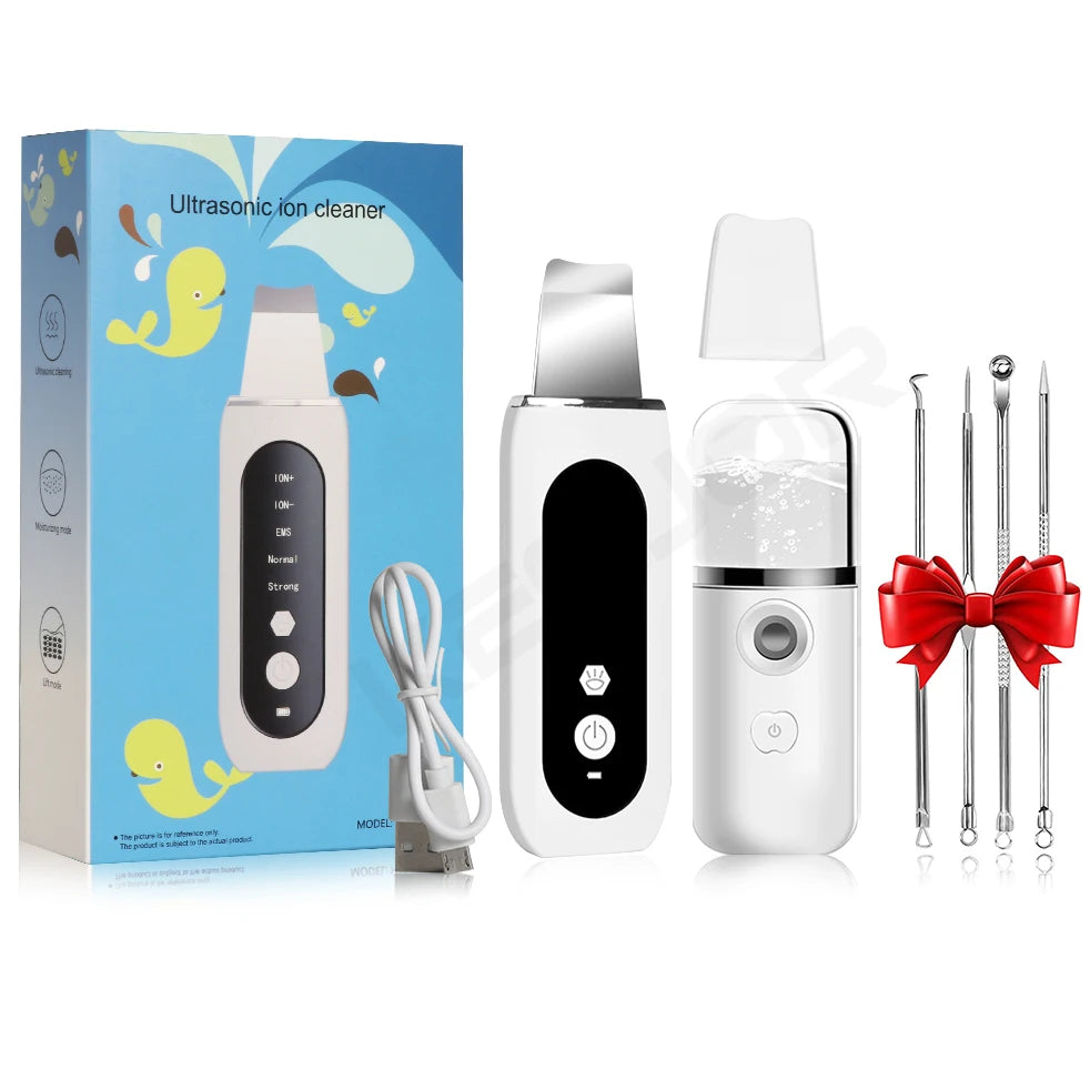 Ultrasonic Skin Scrubber Peeling Blackhead Remover Deep Face Cleaning Ultrasonic Ion Ance Pore Cleaner Facial Shovel Cleanser Peaceful Pleasures Health and Wellness white kit add gift
