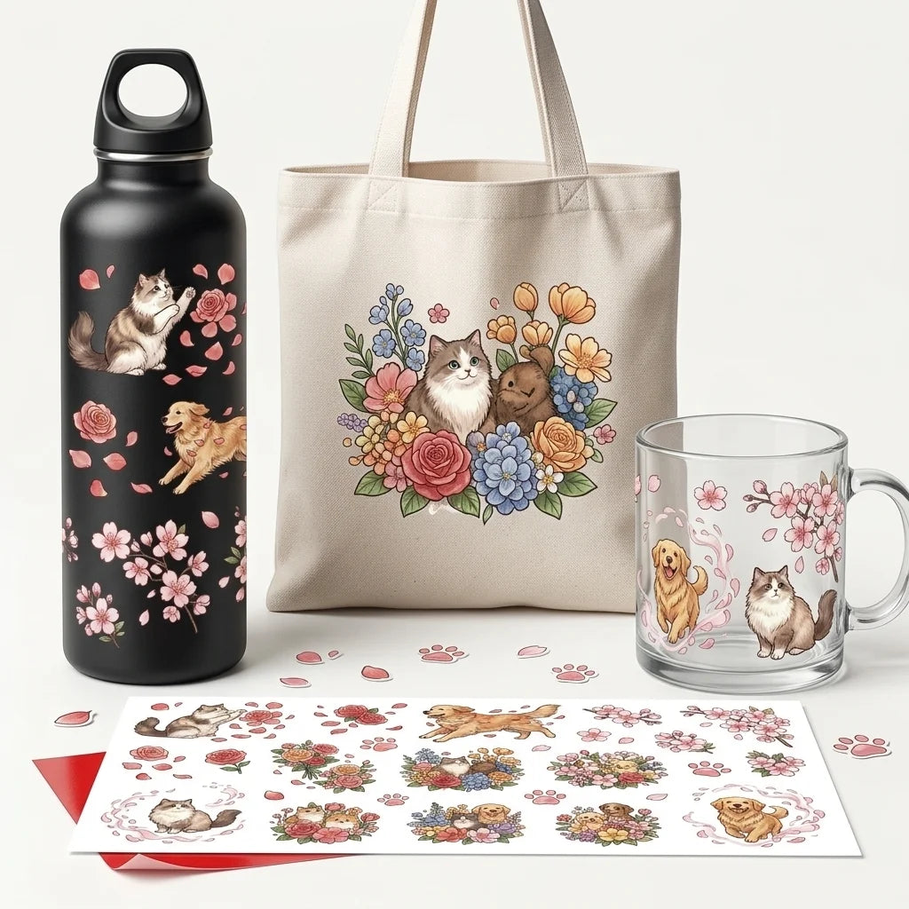 Cute Cat & Dog Floral UV Transfer Rub-On Stickers | DIY Decals
