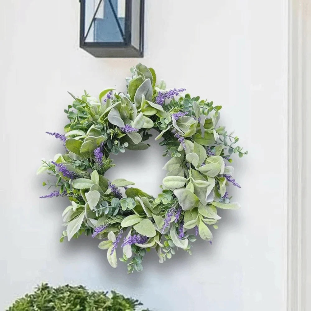 Flocked Lambs Ear Lavender Wreath | Artificial Spring Door Wreath