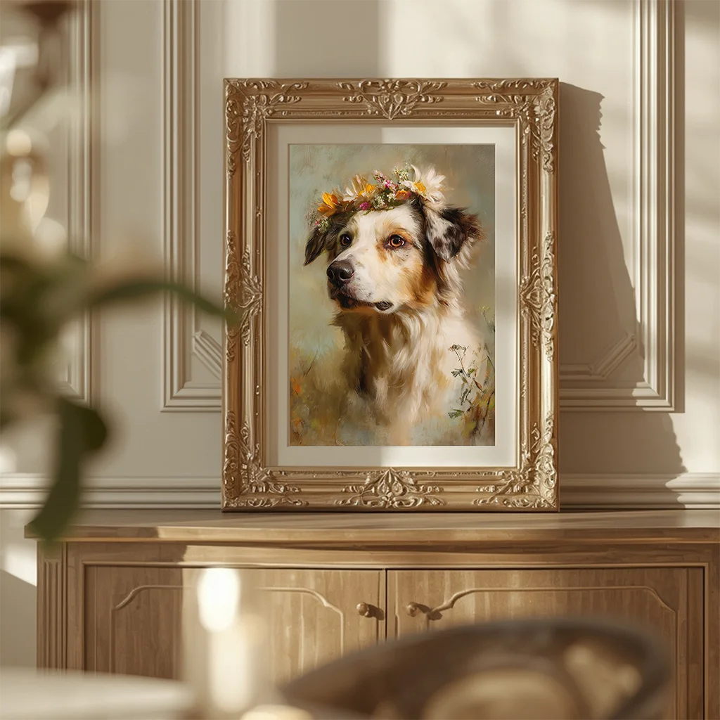 Vintage Puppy Flower Crown Canvas Wall Art | Dog Poster Print Canvas Wall Art Peaceful Pleasures Health and Wellness