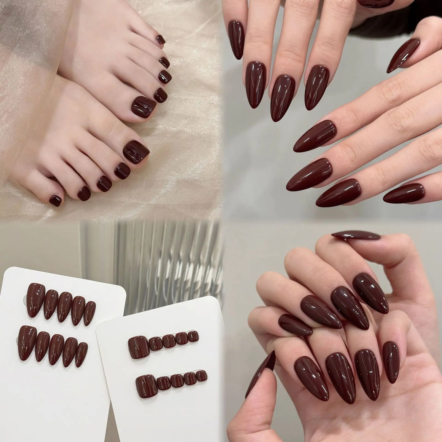 10pcs Handmade Press on Nails Simple Solid Color Almond Fake Nails Full Cover Wearable Lady Summer Brown False Toenails Set Peaceful Pleasures Health and Wellness