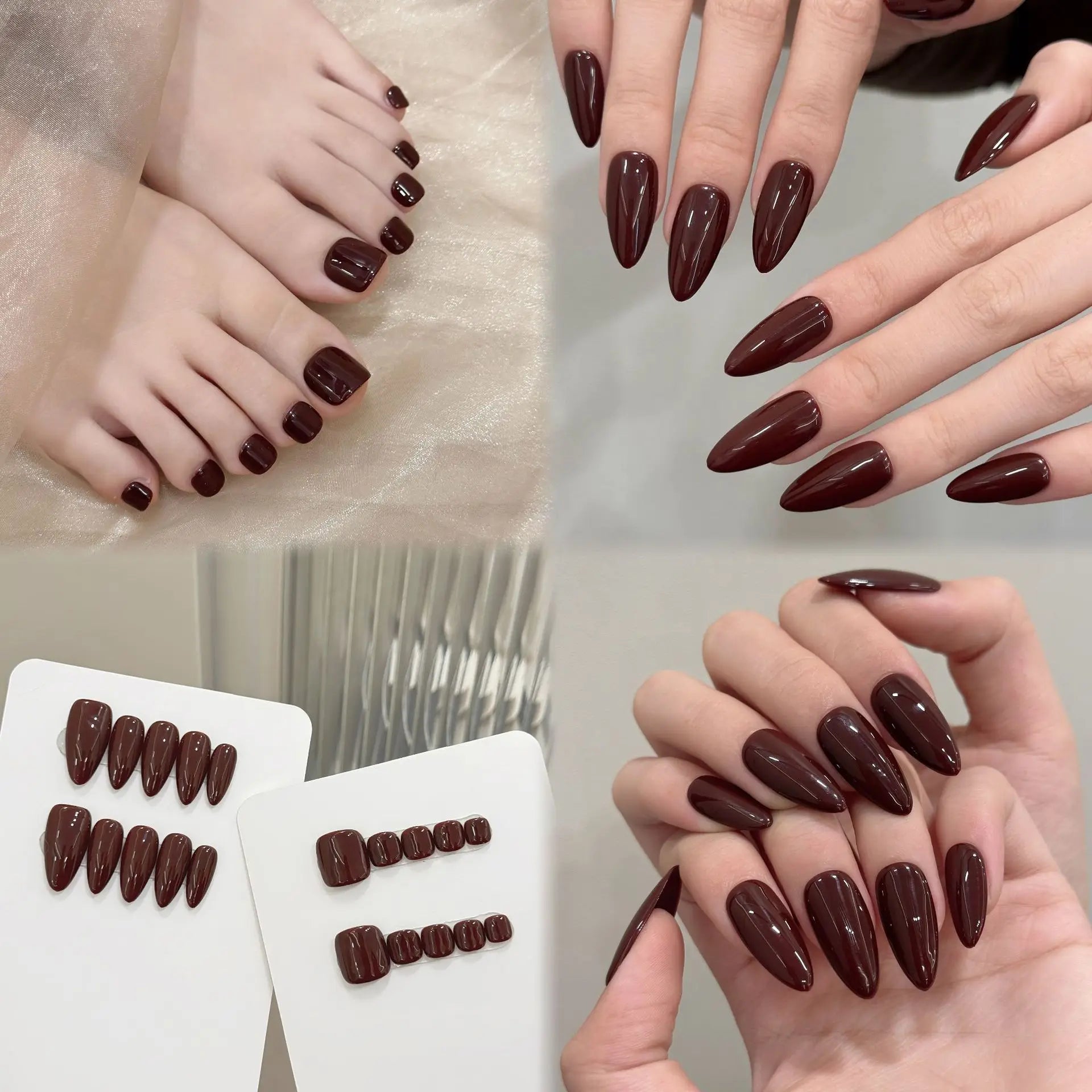 10pcs Handmade Press on Nails Simple Solid Color Almond Fake Nails Full Cover Wearable Lady Summer Brown False Toenails Set Peaceful Pleasures Health and Wellness