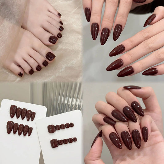 10pcs Handmade Press on Nails Simple Solid Color Almond Fake Nails Full Cover Wearable Lady Summer Brown False Toenails Set Peaceful Pleasures Health and Wellness