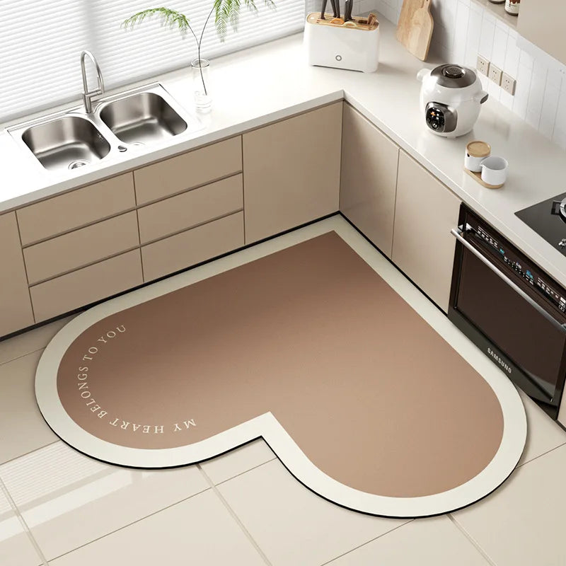 Heart-Shaped Diatom Mud Kitchen Mat – Non-Slip & Absorbent