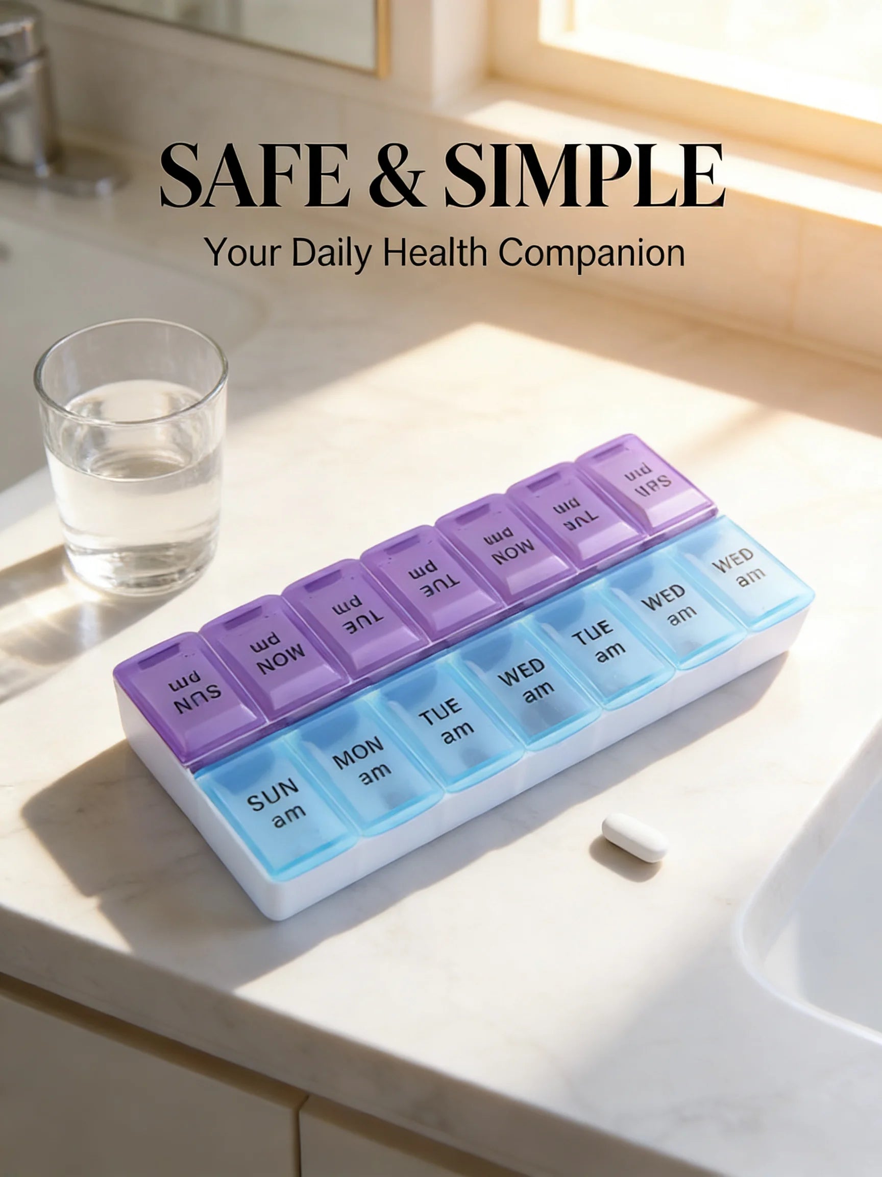 Weekly pill organizer with a glass of water on a marble surface, labeled 'Safe & Simple'.