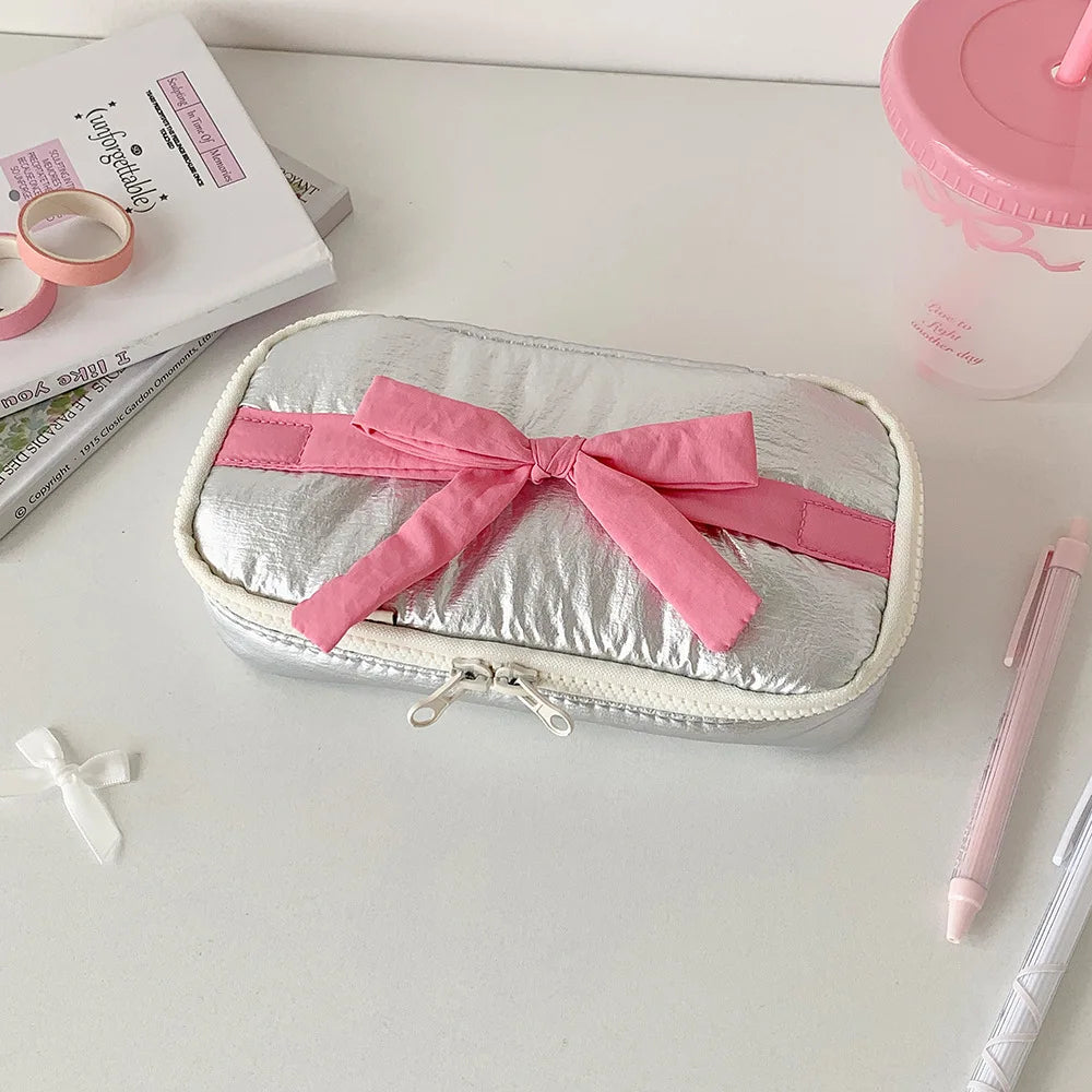 Soft Fabric Pencil Case Student Simple Bow Storage Bag Stationery Bag DIY Journal Desktop Storage Bag Practical Stationery Bags Peaceful Pleasures Health and Wellness silvery