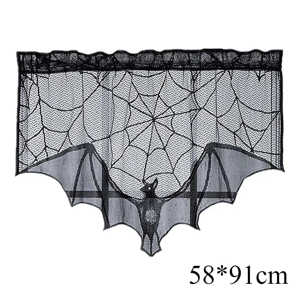 Halloween Black Lace Tablecloth – Spider Web & Bat Table Cover