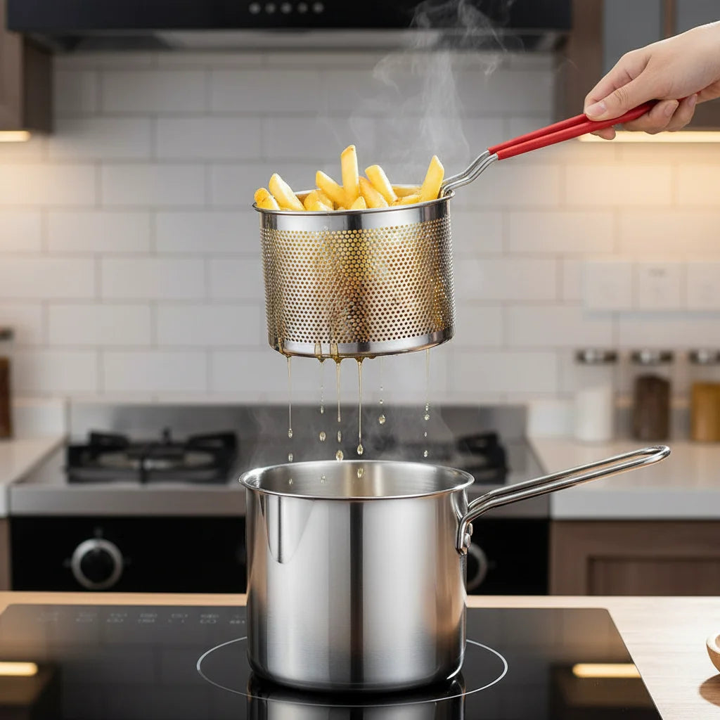 Stainless Steel Deep Fry Pot & Strainer Basket Set | Small Fryer
