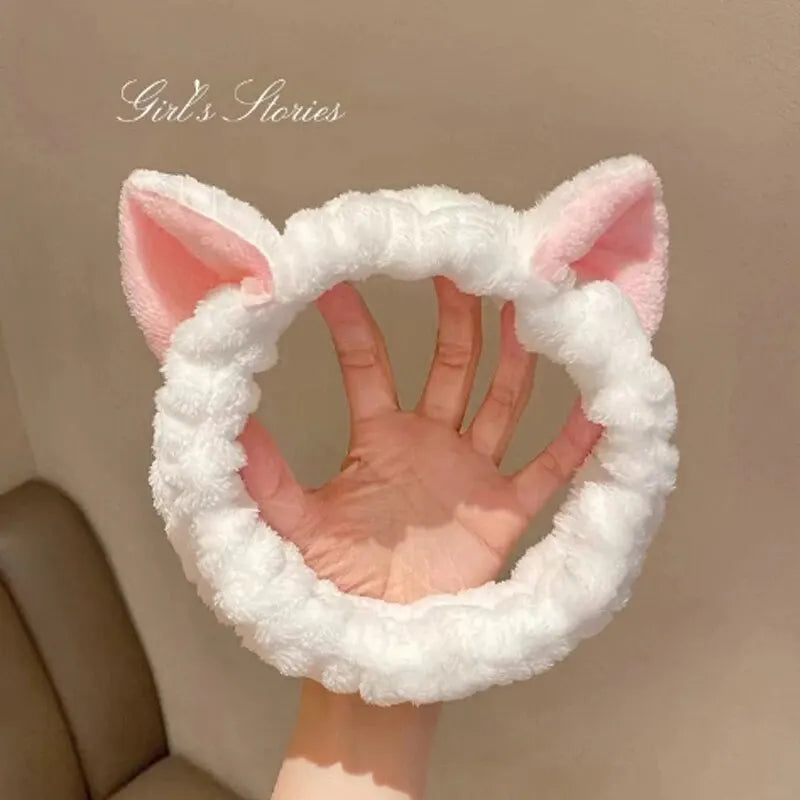 Cat Ear Coral Plush Headband – Soft Bow Makeup Hair Band