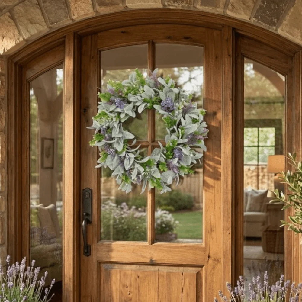 Flocked Lambs Ear Lavender Wreath | Artificial Spring Door Wreath