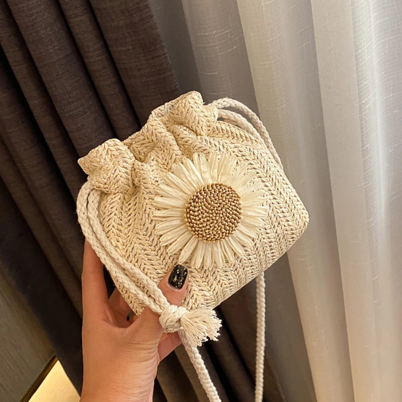 Rattan Straw Woven Crossbody Bucket Bag | Flower Shoulder Bag