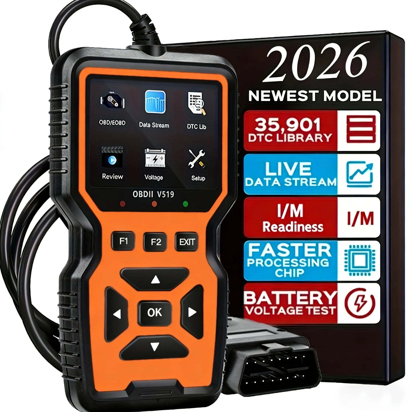 V519 OBD2 Scanner – Engine Fault Code Reader & Battery Tester Peaceful Pleasures Health and Wellness Orange