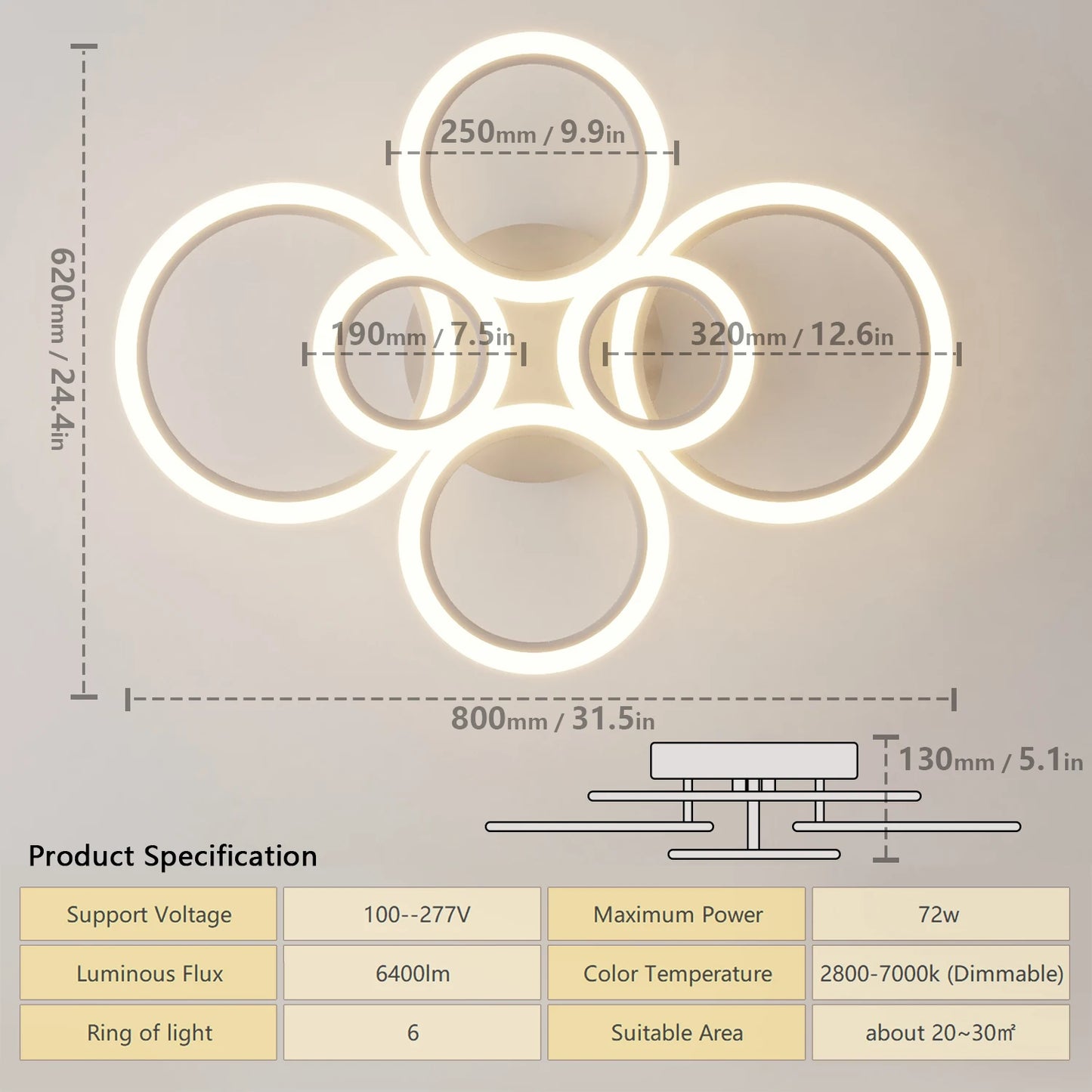Modern LED Ring Chandelier 4-9 Rings | Remote Dimming Light