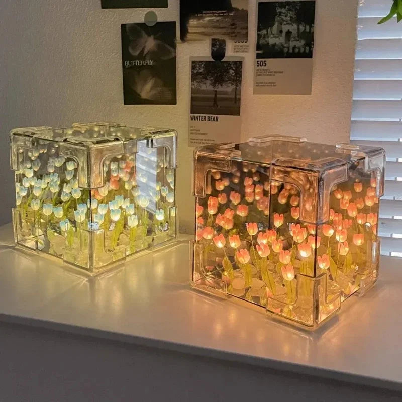 Hot Tulip Nightlight Handmade DIY Material Cube Tulip Mirror Bedroom Decor Atmosphere Lamp Valentine's Day Birthday Gift Peaceful Pleasures Health and Wellness