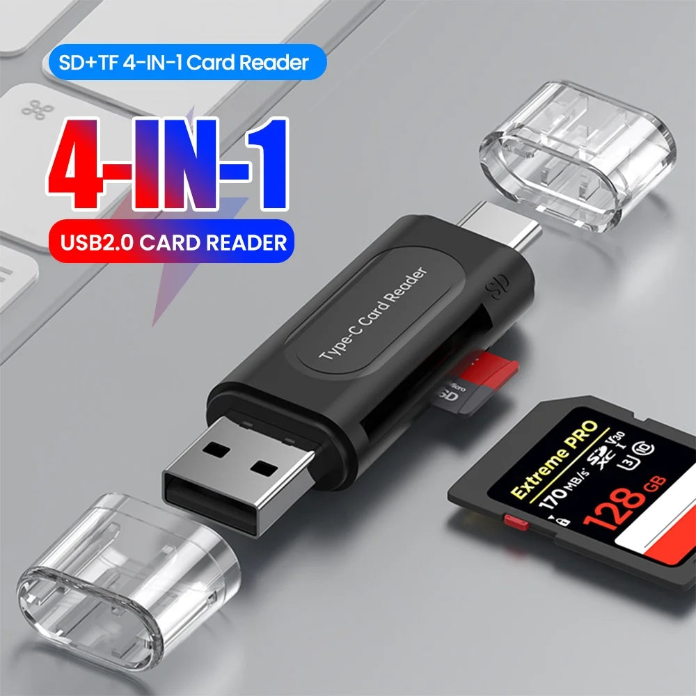 4-in-1 USB-C & USB 2.0 SD/TF Card Reader Adapter for PC Laptop
