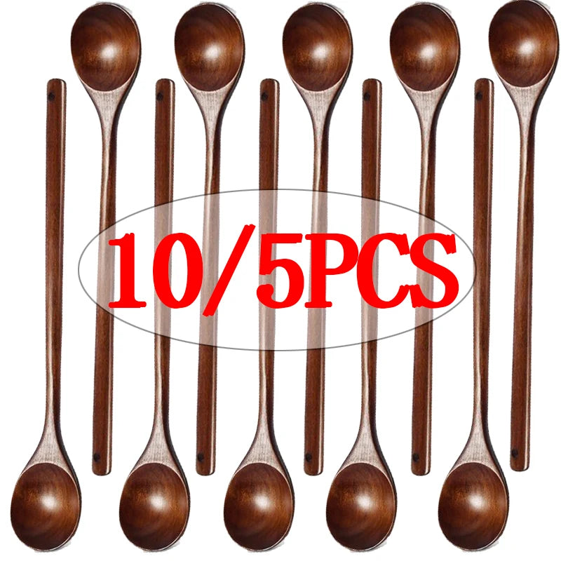 Long Wooden Stirring Spoon Set | 13-Inch Natural Wood Cooking Spoons – 5-Pack or 10-Pack