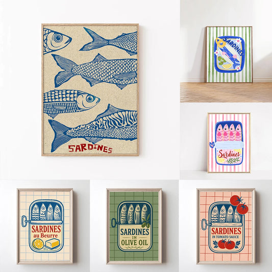 Pink Canned Sardines Canvas Print Sardine Fisherman Aesthetic Wall Art Poster for Modern Living Room Kitchen Home Decor Gifts Peaceful Pleasures Health and Wellness