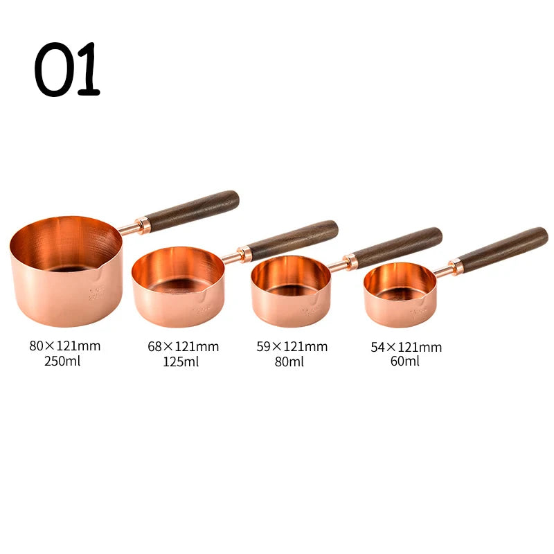 4-Piece Stainless Steel Measuring Cup Set with Walnut Wooden Handles | Gold, Rose Gold & Silver