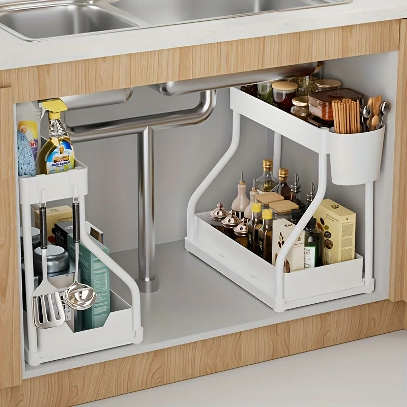 Double Layer Pull-Out Cabinet Organizer Rack | Kitchen Storage