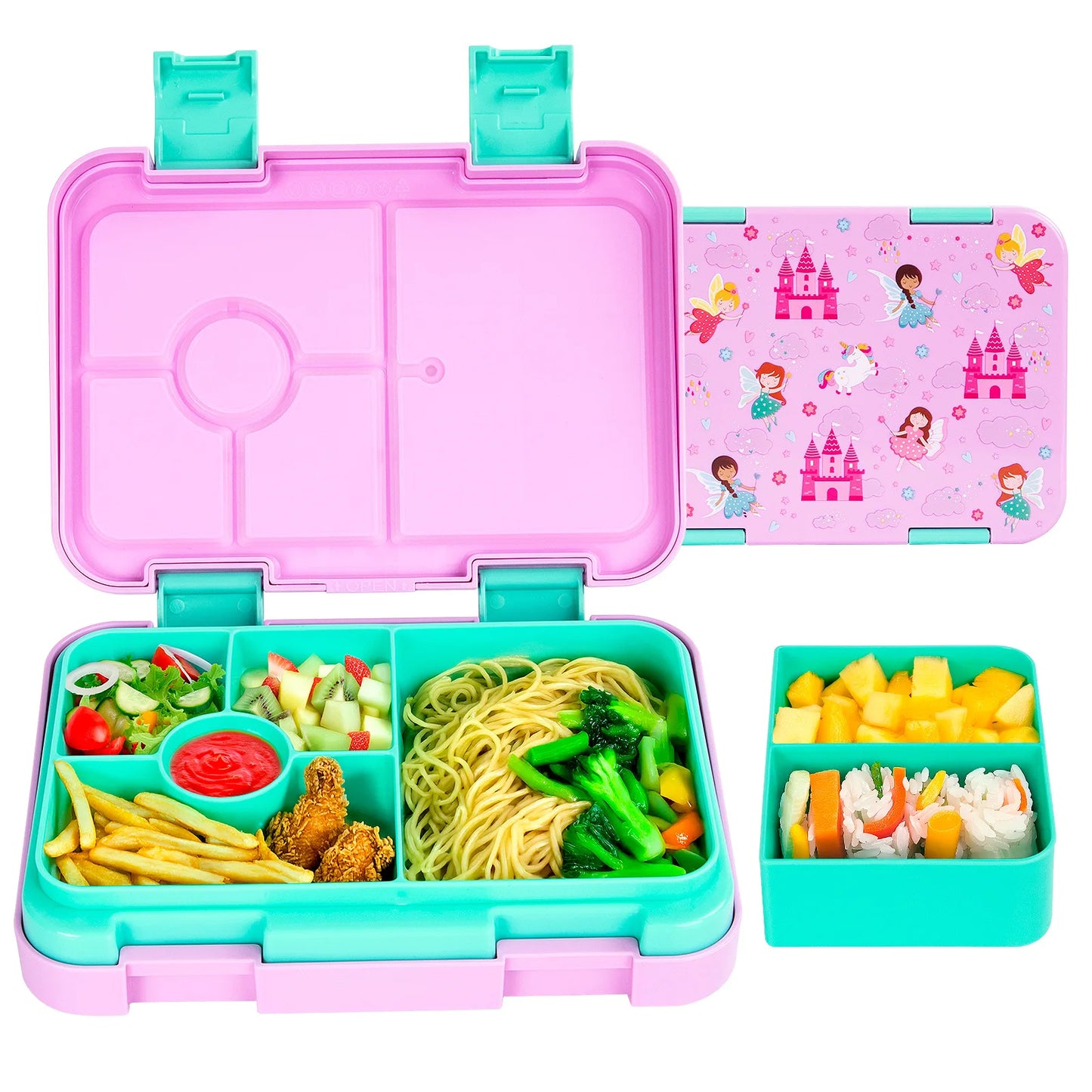 Food Grade Portable Lunch Box Lunchbox School Microwave heating Children Cartoon Bento High-capacity Kid Double Buckle Lunch Box Peaceful Pleasures Health and Wellness Pink Castle
