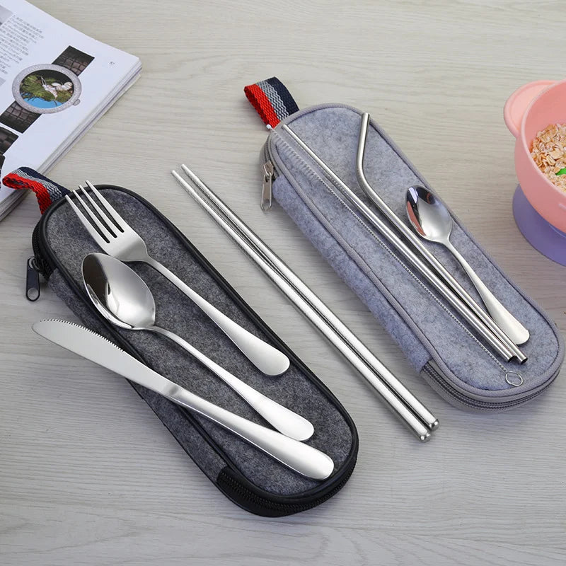 8-Piece Reusable Stainless Steel Travel Cutlery Set – Portable Utensils with Spoon, Fork, Chopsticks, Straw & Case