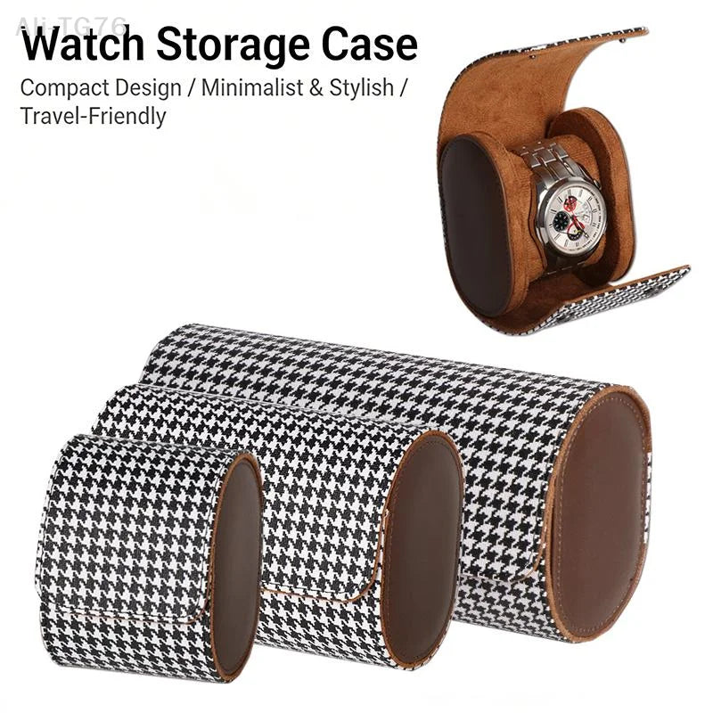 Houndstooth PU Leather Watch Roll Travel Case | 1-3 Slots