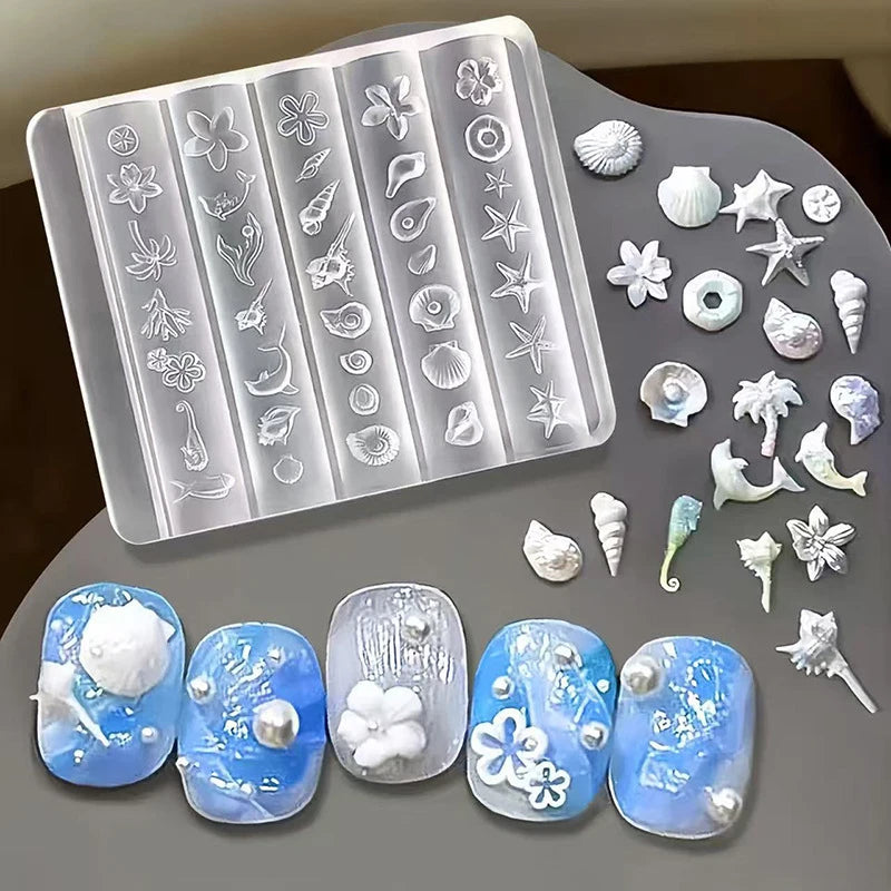 Ocean Series Silicone Mold for Nail Art 3D Starfish Jellyfish Sea Shell Conch Animal Motifs Manicure Stamping Tools Peaceful Pleasures Health and Wellness