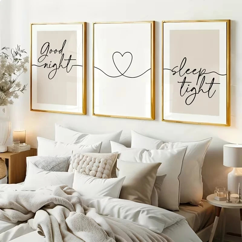 3pcs Modern "Good Night, Sleep Tight" Quotes Wall Art Print Canvas Painting Poster Picture For Living Room,Bedroom Home Decor Peaceful Pleasures Health and Wellness