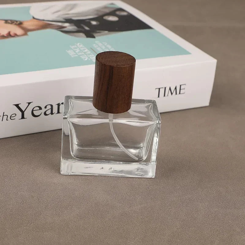 Portable Glass Spray Bottle 30ml 50ml | Refillable Wood Cap