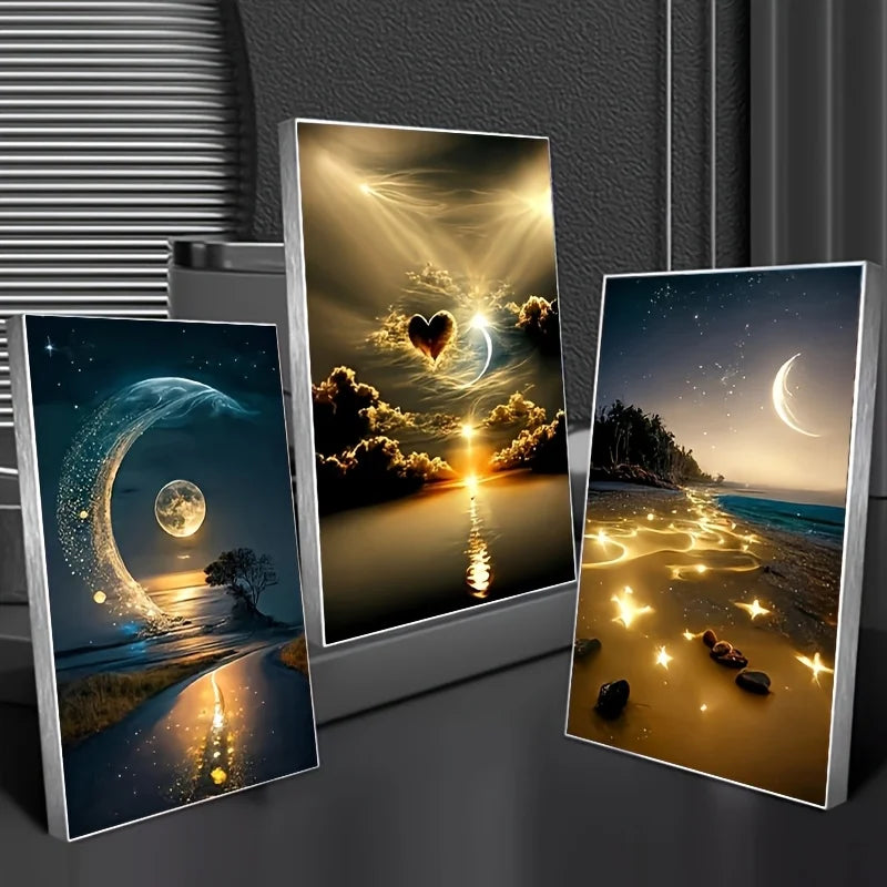 3-Piece Beach Night Canvas Wall Art Set | Frameless Triptych Canvas Wall Art Set Peaceful Pleasures Health and Wellness