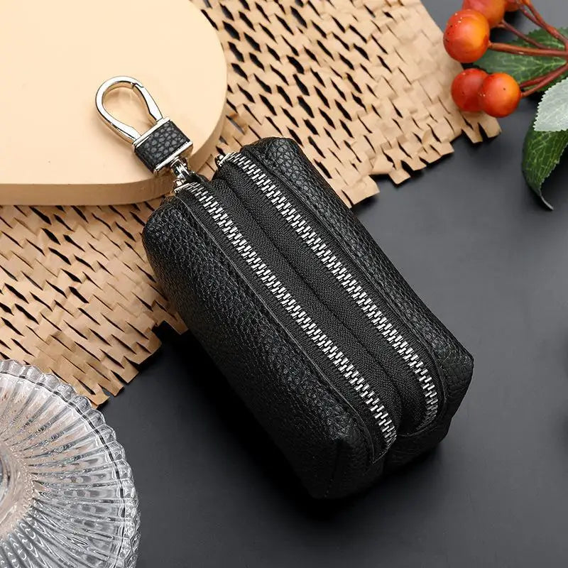 Double Zipper PU Leather Key & Coin Pouch with Metal Clip