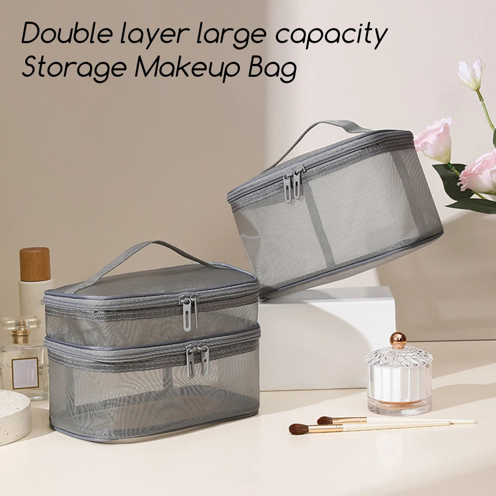 Double Layer Mesh Cosmetic Bag Women's Portable Makeup Toiletry Organiser Pouch With Zipper Large Makeup Pouch For Business Trip Peaceful Pleasures Health and Wellness