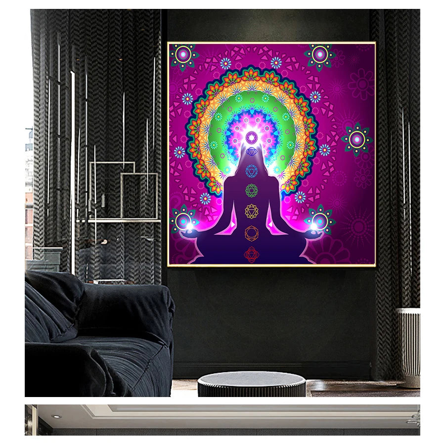 Buddha Statue Meditation 7 Chakra Mandala Psychedelic Yoga Boho Wall Art Paintings Décor Canvas Posters Prints Indian Peaceful Pleasures Health and Wellness