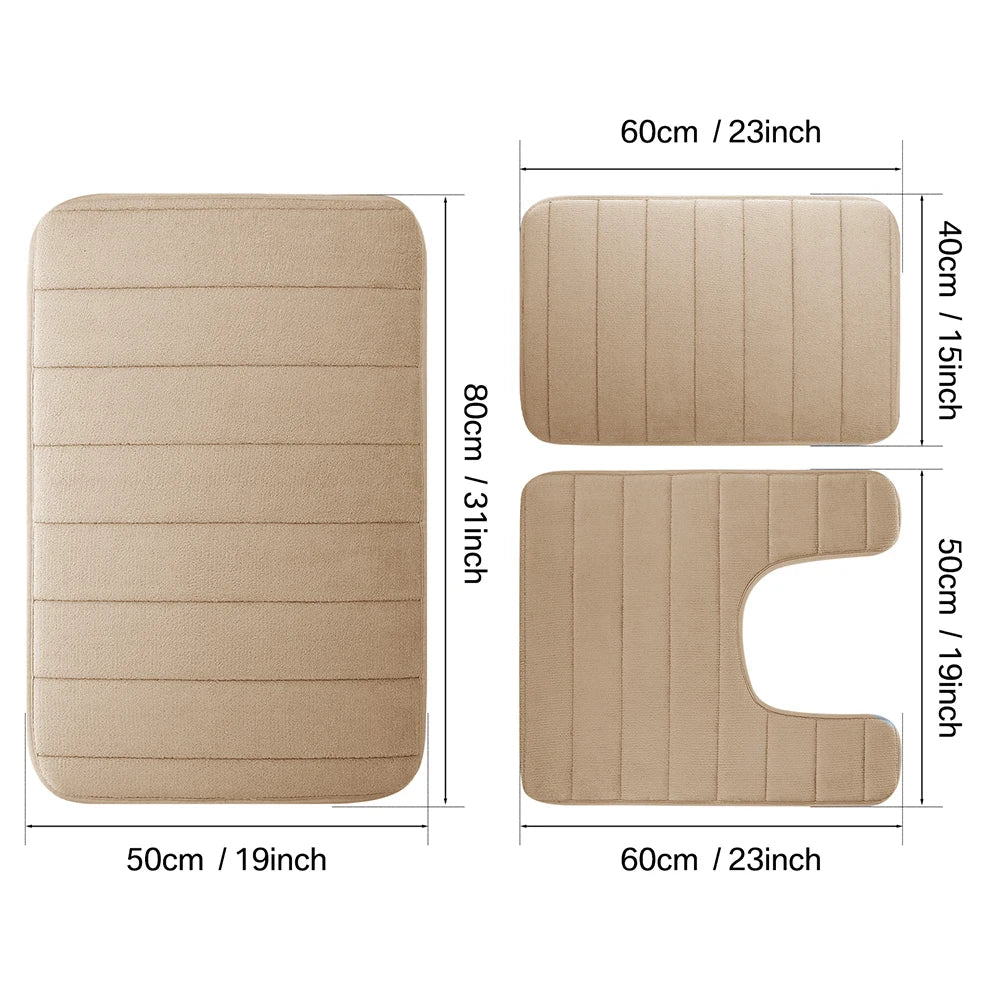 3Pc Sets Bath Mats Non Slip Memory Foam Bathroom Soft Rugs Water Absorption Dry Fast Bath Mat Machine Washable For Home Floor Peaceful Pleasures Health and Wellness Beige 3pcs set