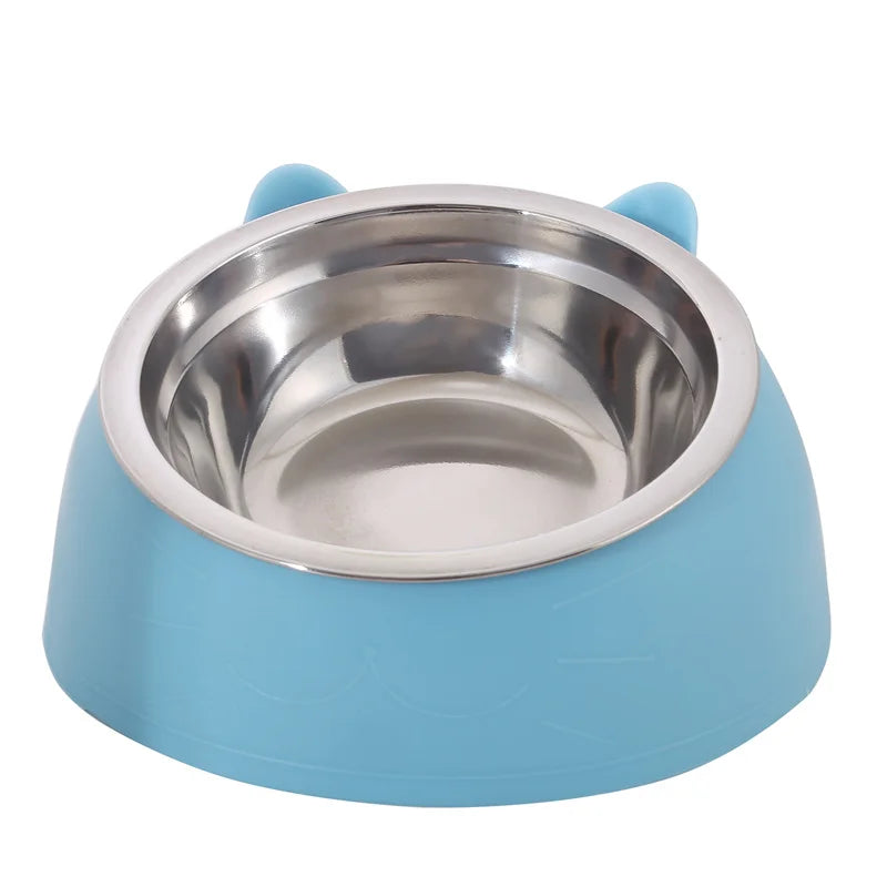 Cat Dog Bowl 15 Degrees Tilted Stainless Steel Cat Bowl Safeguard Neck Puppy Cats Feeder Non-slip Crashworthiness Pet Bowl Peaceful Pleasures Health and Wellness Blue 200ml