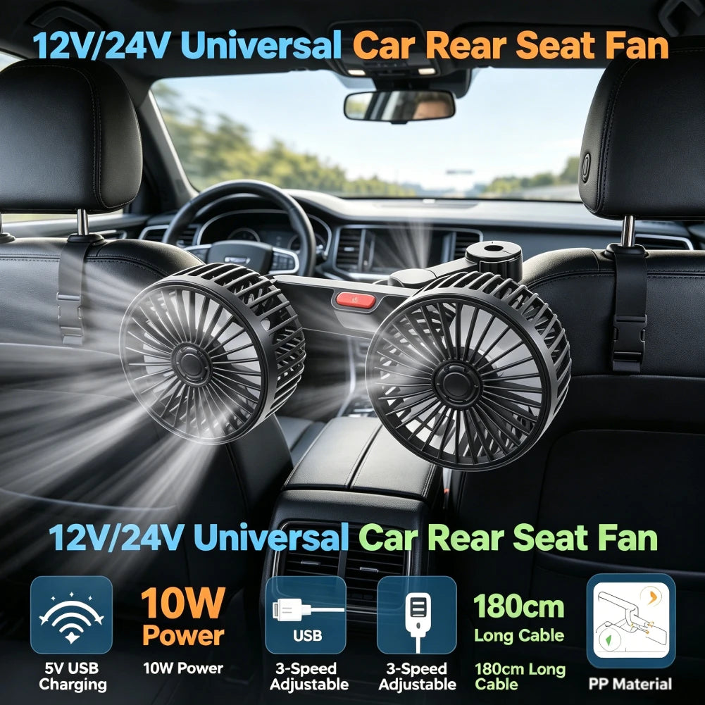 Car Fan 360° 3-speed Car seat Back Cooling Fan USB Charge Dual Head Fan Adjustable Rotation Neck Cooler for Car Home Accessories Peaceful Pleasures Health and Wellness