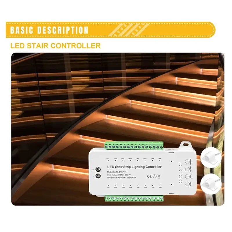 A36T-16 Channels Led Stair Light Staircase Controller 2 PIR For Indoor Flexible LED COB Strip Light Peaceful Pleasures Health and Wellness