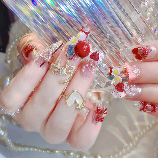 24pcs Flash Fake Nails Japanese Style Press On Nails Apples Heart Bow Decor Wearable Light Luxury Almond Fake Nails Party Daily Peaceful Pleasures Health and Wellness