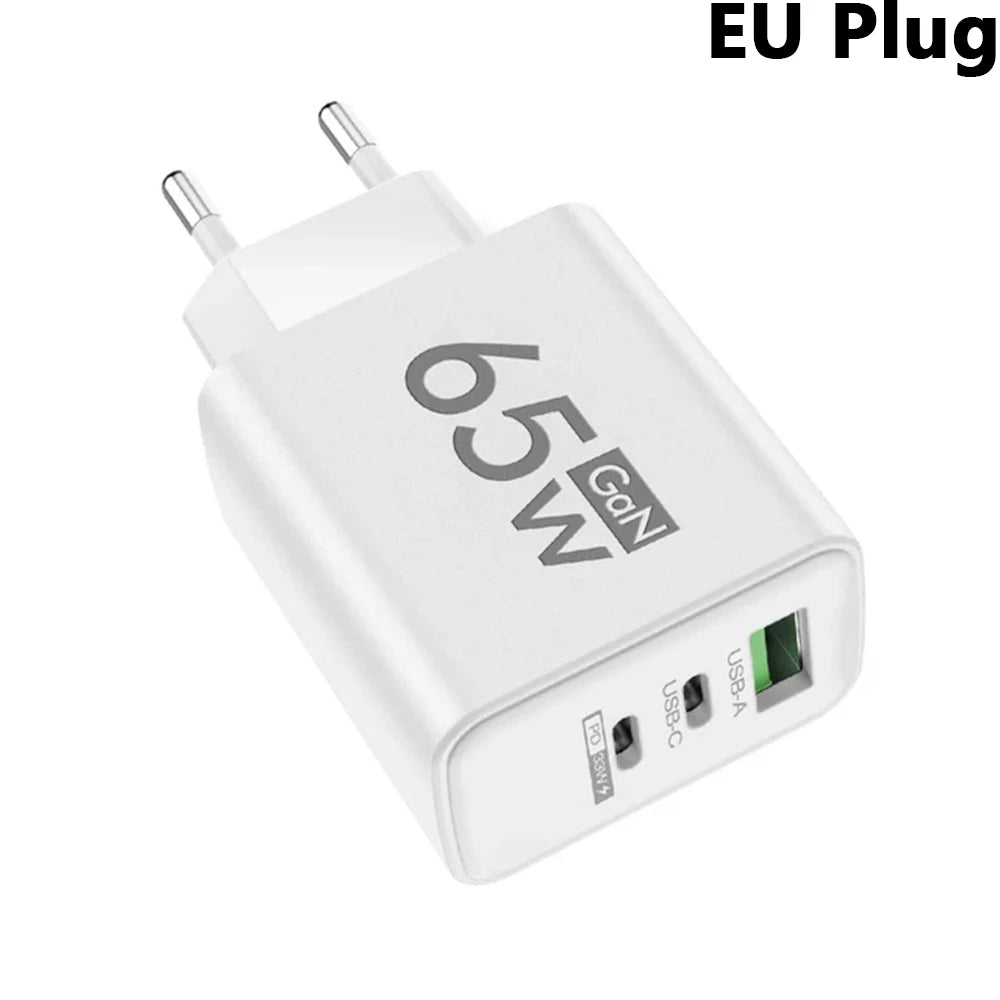 65W GaN 3-Port USB-C Wall Charger – Fast PD EU/US Plug