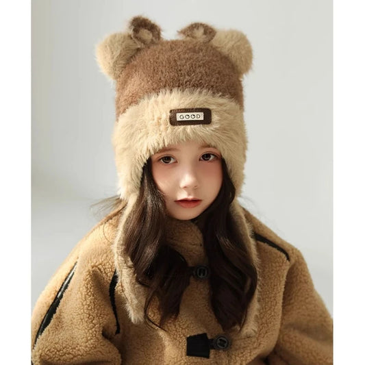 Girls' Bear Fleece-Lined Knit Winter Hat with Ear Protection Kids Winter Hat Peaceful Pleasures Health and Wellness