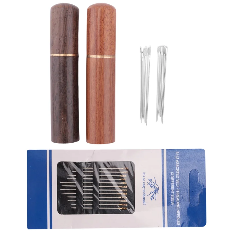 A36T-2Pcs Wooden Needle Case With 12 Gold Tail Back Hanging Needles And 4 Large-Eye Leather Stitching Needles For Handmade Sewin Peaceful Pleasures Health and Wellness