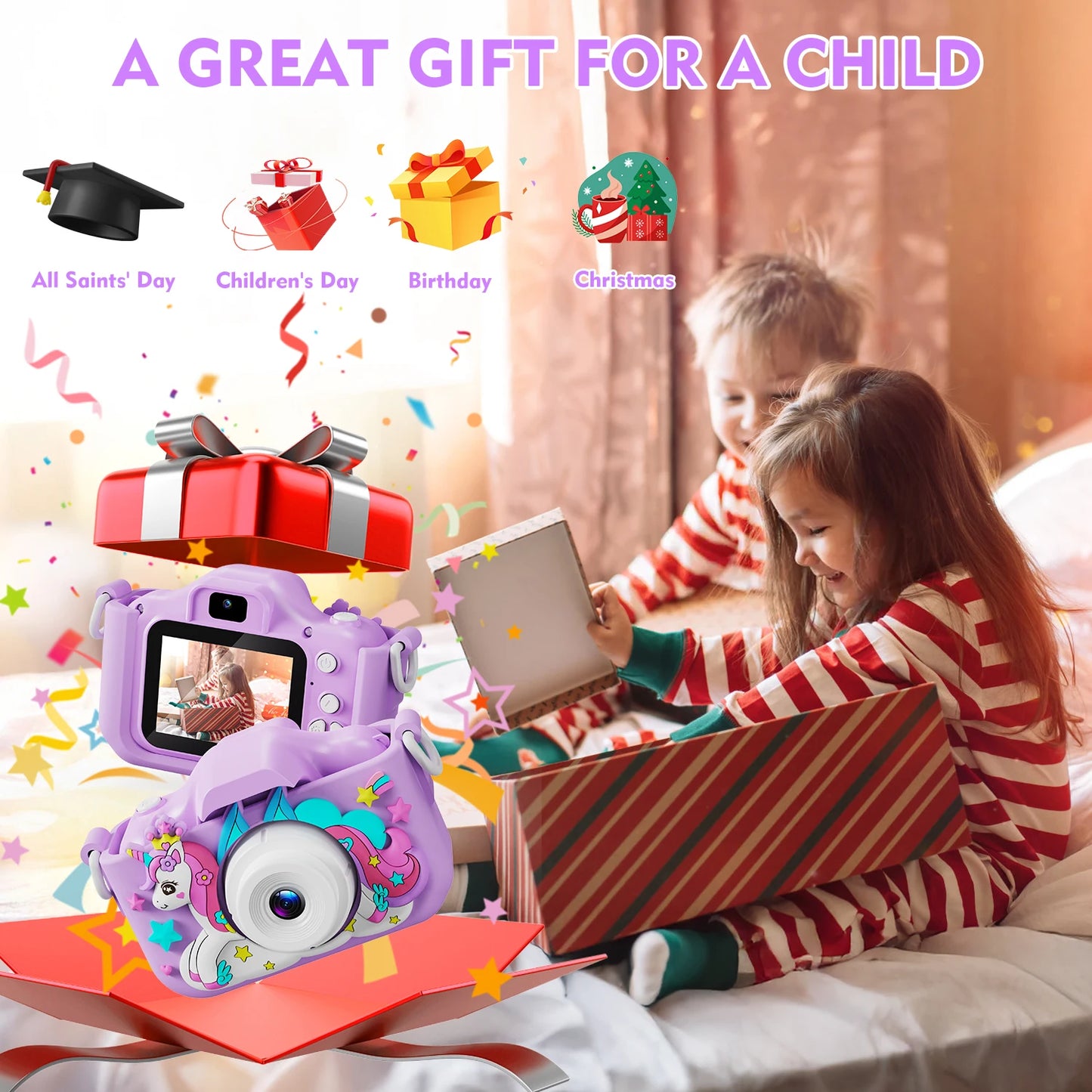 Kids Camera 1080P Video Mini Digital Camera Educational Toy Cameras With 32G Card Silicone Case for Girls Festival Birthday Gift Peaceful Pleasures Health and Wellness