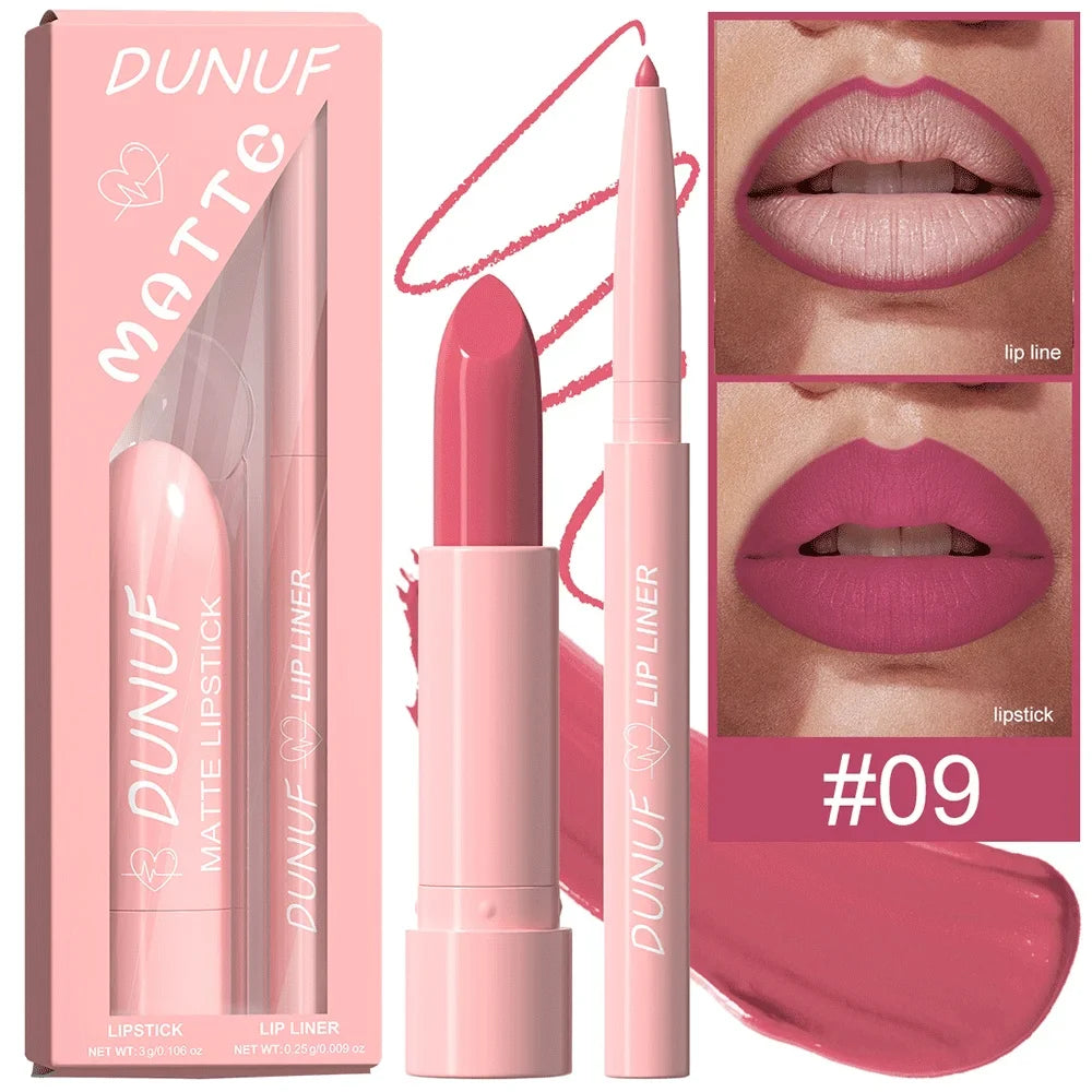 DUNUF 12-Color Matte Lipstick & Lip Liner Set – Waterproof