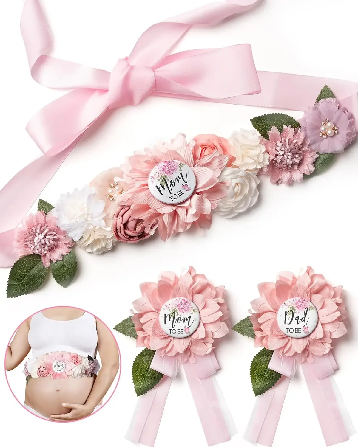 Flower Sash Set-Baby Shower Mom to Be Daddy to Be Corsage Pin- Belt for Maternity Dress Photo Props حزام Пояс Cinturón Ceinture Peaceful Pleasures Health and Wellness colors 1