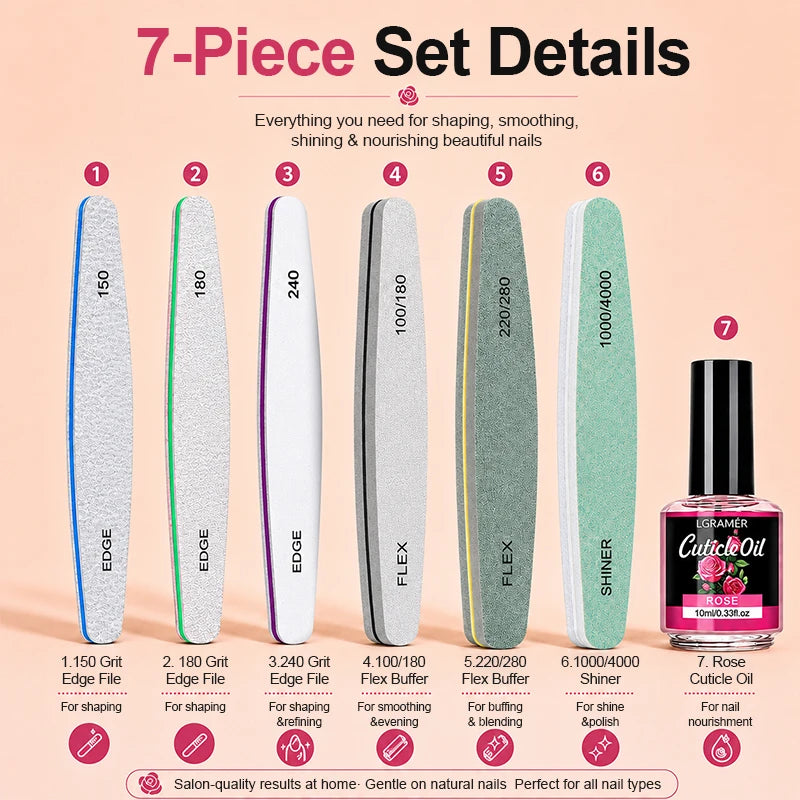Professional Nail File Nail Buffer & Cuticle Oil Kit, Multi-functional Tools for Shaping, Buffing, Polishing and Hydrating 7pcs Peaceful Pleasures Health and Wellness