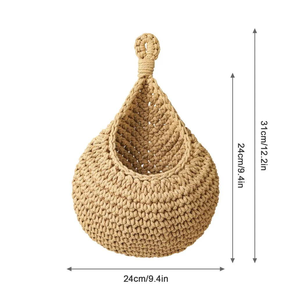 Handwoven Wall Hanging Fruit & Vegetable Basket – Boho Jute Teardrop Storage