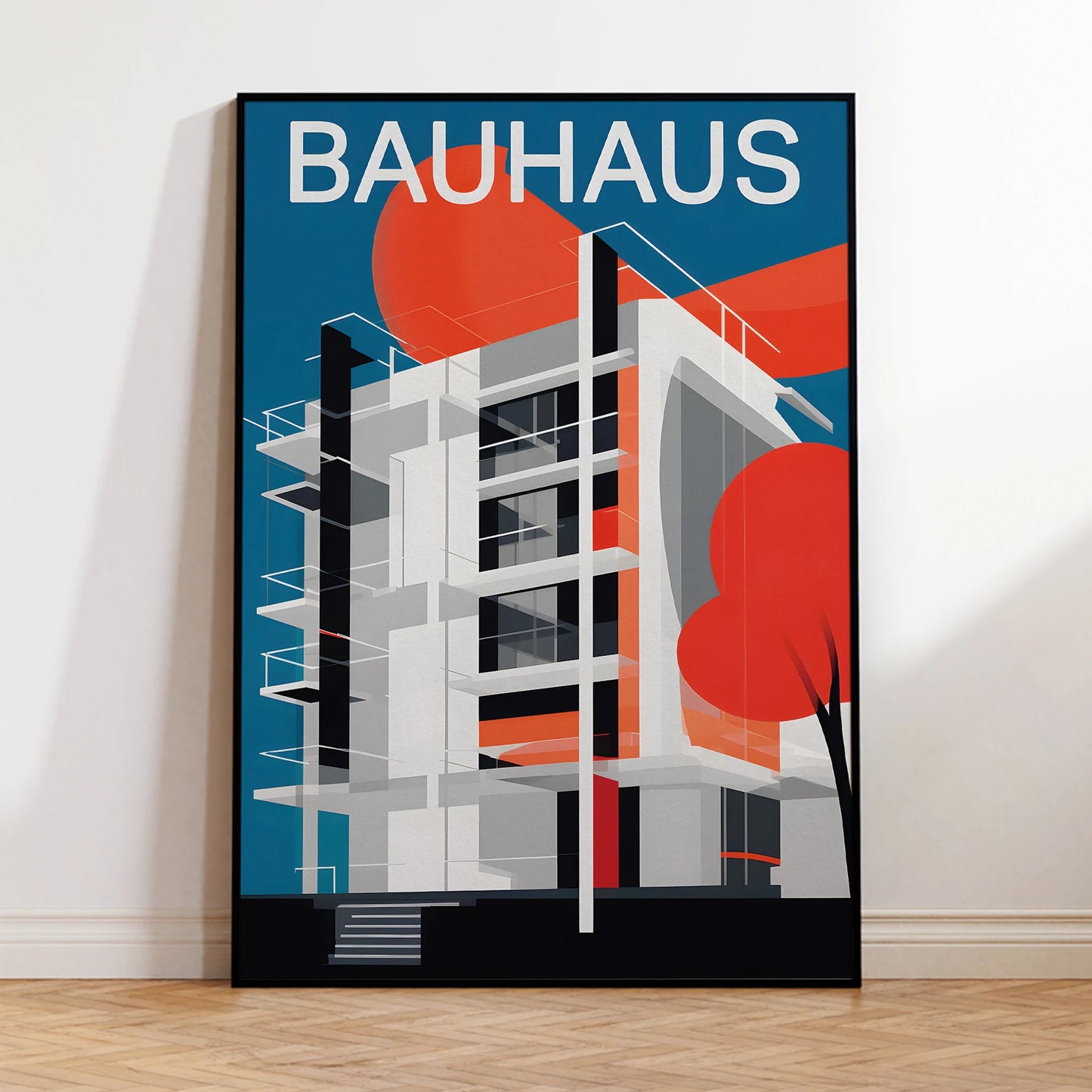 Modern Bauhaus Retro Architecture Framed Canvas Wall Art