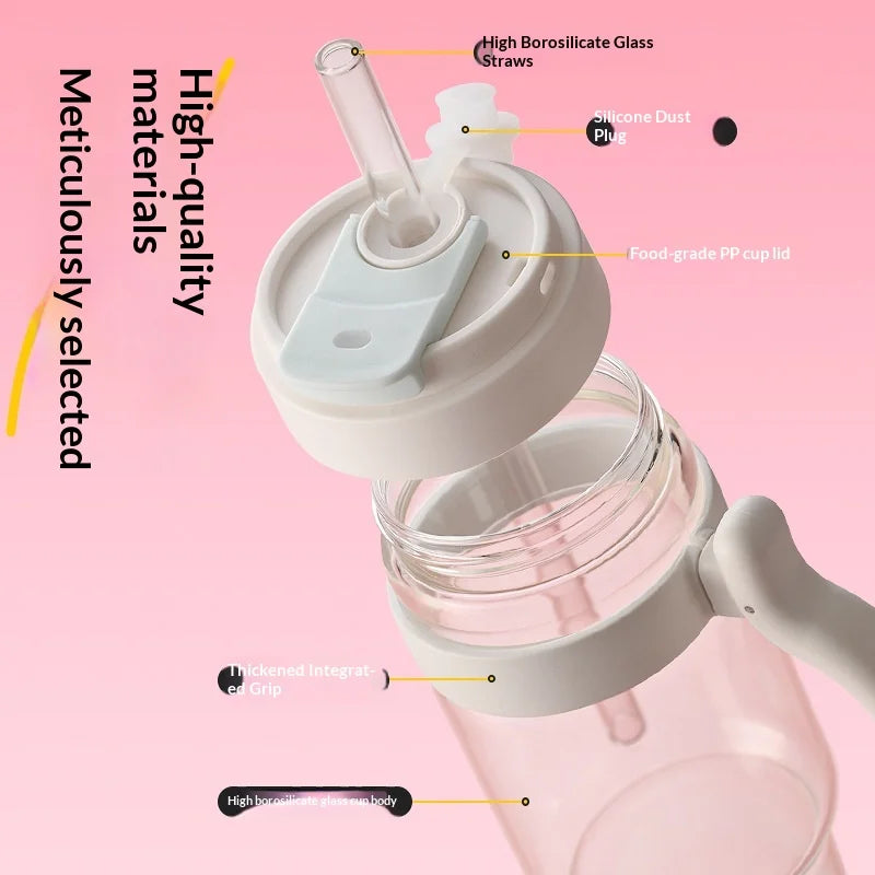 1000ml Cross Border Popular Large Capacity Flower Tea Cup, Straw Glass Cup, High Borosilicate Car Ice Cream Cup Peaceful Pleasures Health and Wellness